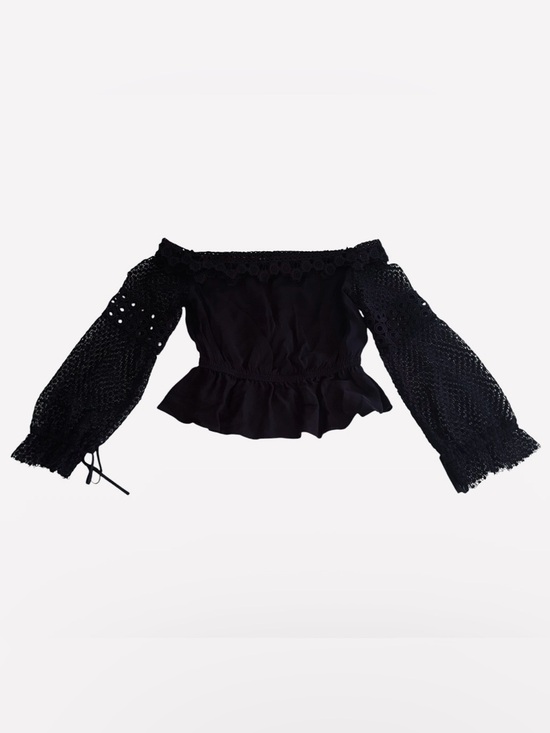 Self-Portrait Tops - self-portrait Women’s 4 Black Solid Lace Off-Shoulder LS Peplum Blouse SP8-009
